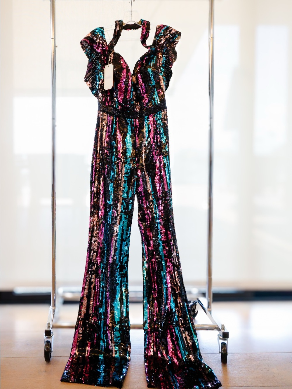 Sequin Halter Wide-Leg Jumpsuit in Black with Pink & Teal Stripes